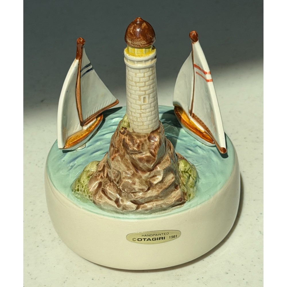 Vintage Music Box Lighthouse Sail boat Ocean 1981 Otagirl Works Hand Painted